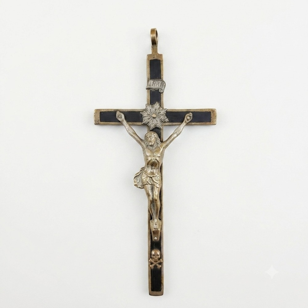 Vintage Ebony Wood Brass‎ Skull Crossbones Memento Mori Crucifix 6.25" Gothic